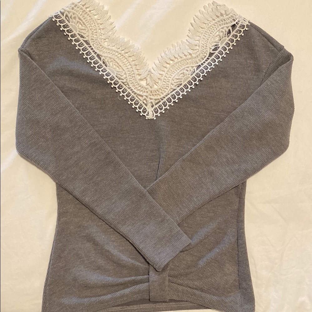 Gray Long Sleeve Top with Lace Detail